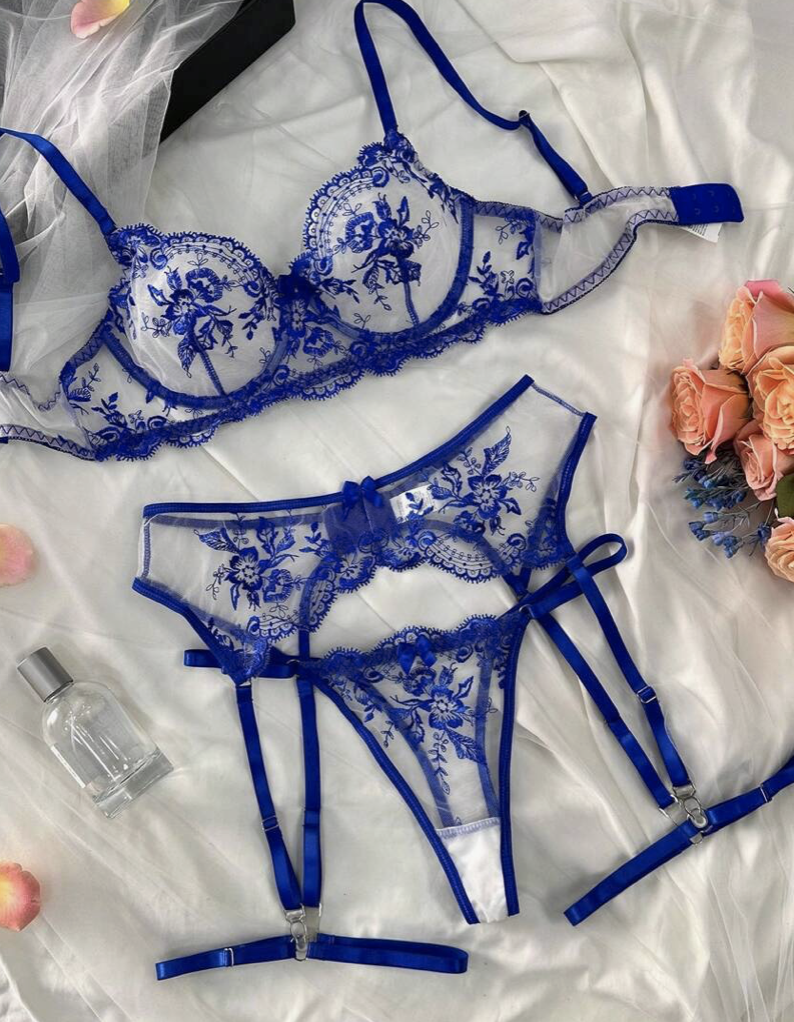 3pcs/Set Sexy Lingerie Set - transparent/blue - Large